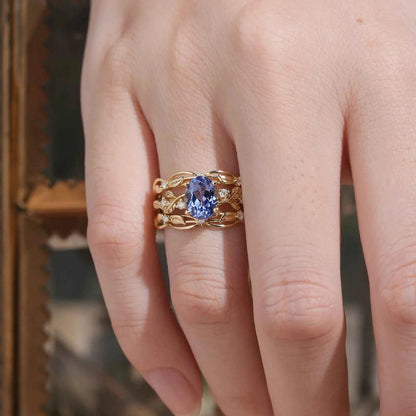 Hidden Garden Gems:Cornflower Sapphire & Moissanite Ring Set-Theodora