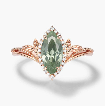 Nature-Inspired Marquise Green Sapphire Engagement Ring with Milgrain Halo