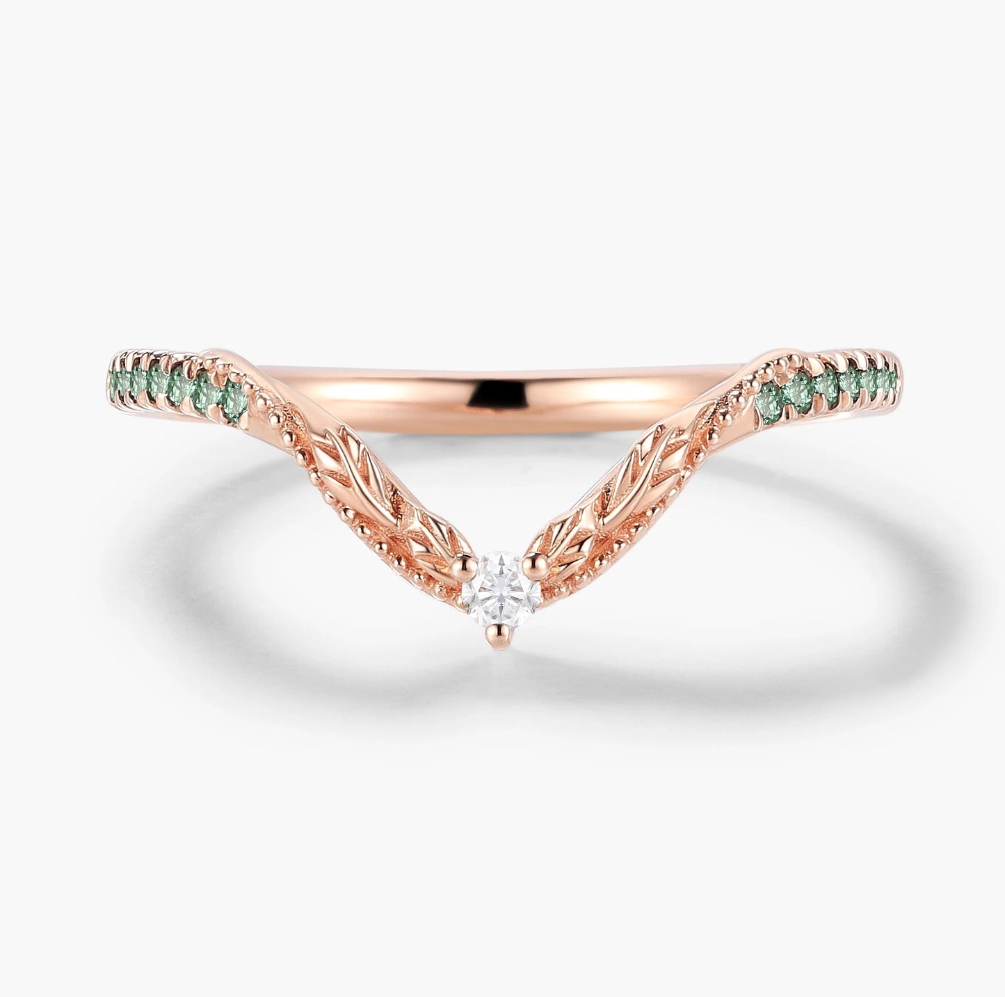 Vintage Nature Inspired Natural Green sapphire Moissanite Curved Wedding Band - Vivienne