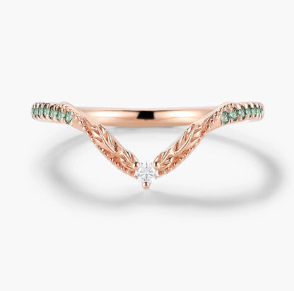 Vintage Nature Inspired Natural Green sapphire Moissanite Curved Wedding Band - Vivienne