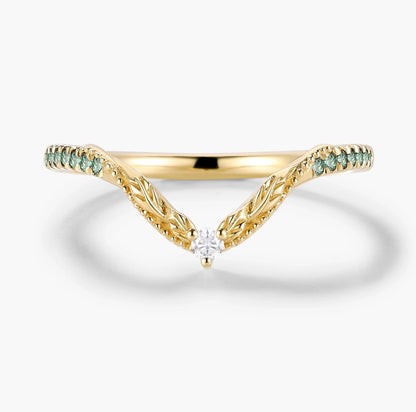 Vintage Nature Inspired Natural Green sapphire Moissanite Curved Wedding Band - Vivienne
