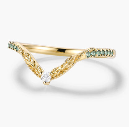 Vintage Nature Inspired Natural Green sapphire Moissanite Curved Wedding Band - Vivienne