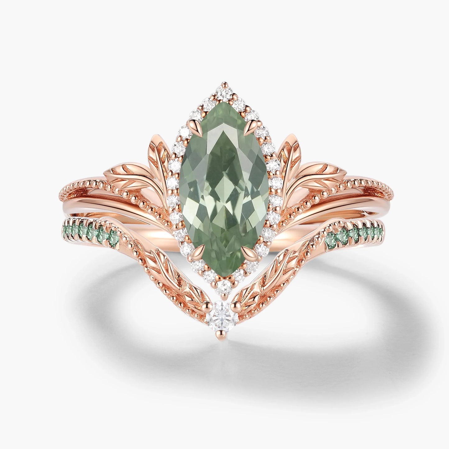 Nature-Inspired Marquise Green Sapphire Engagement Ring with Milgrain Halo & Wedding Band 2PCS