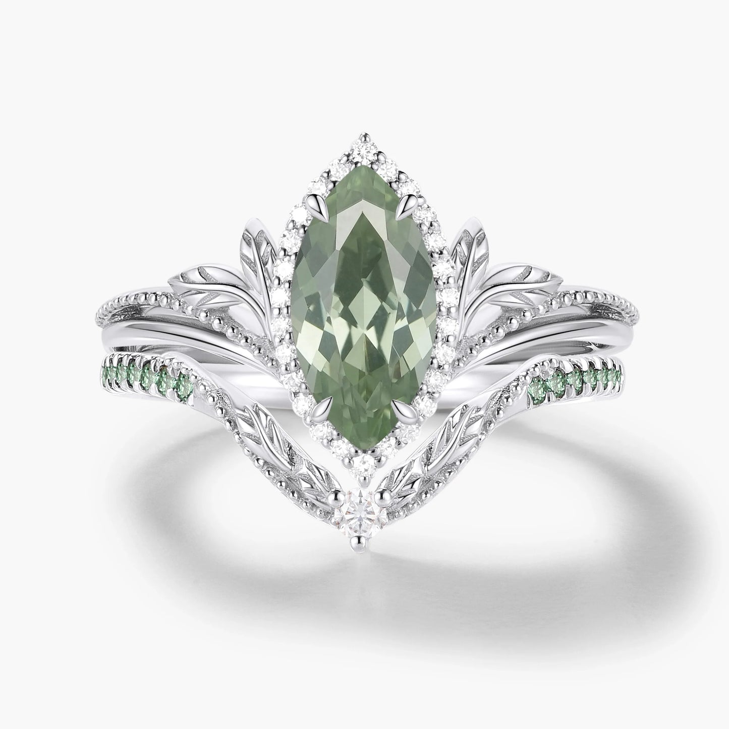 Nature-Inspired Marquise Green Sapphire Engagement Ring with Milgrain Halo & Wedding Band 2PCS