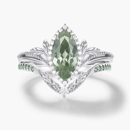 Nature-Inspired Marquise Green Sapphire Engagement Ring with Milgrain Halo & Wedding Band 2PCS