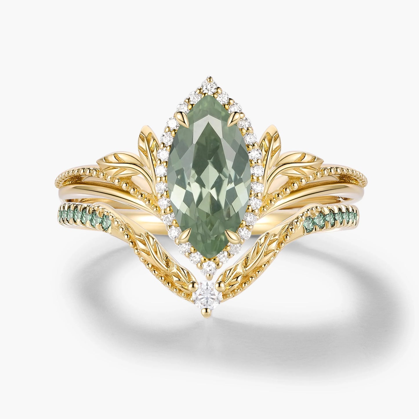 Nature-Inspired Marquise Green Sapphire Engagement Ring with Milgrain Halo & Wedding Band 2PCS