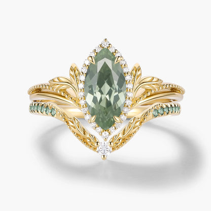 Nature-Inspired Marquise Green Sapphire Engagement Ring with Milgrain Halo & Wedding Band 2PCS