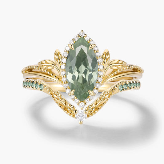 Nature-Inspired Marquise Green Sapphire Engagement Ring with Milgrain Halo & Wedding Band 2PCS