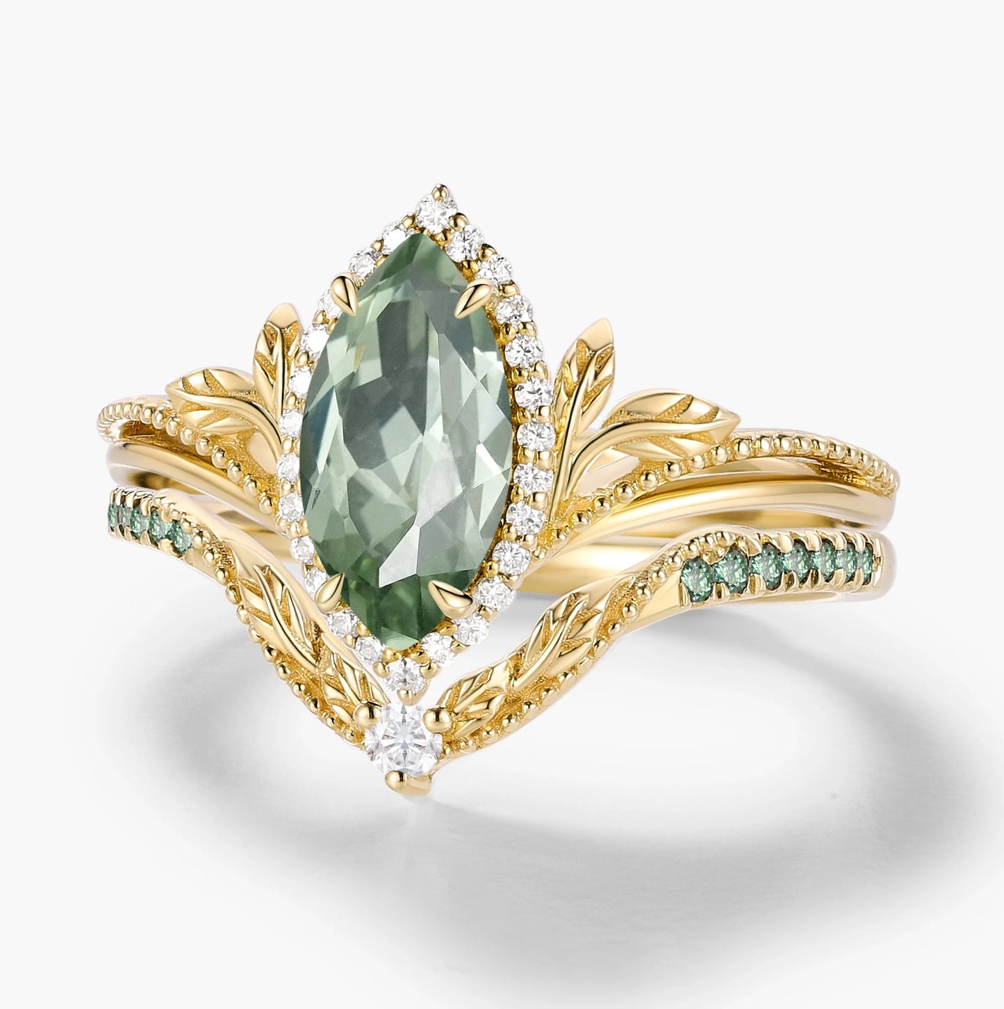 Nature-Inspired Marquise Green Sapphire Engagement Ring with Milgrain Halo & Wedding Band 2PCS