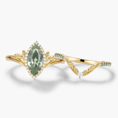 Nature-Inspired Marquise Green Sapphire Engagement Ring with Milgrain Halo & Wedding Band 2PCS