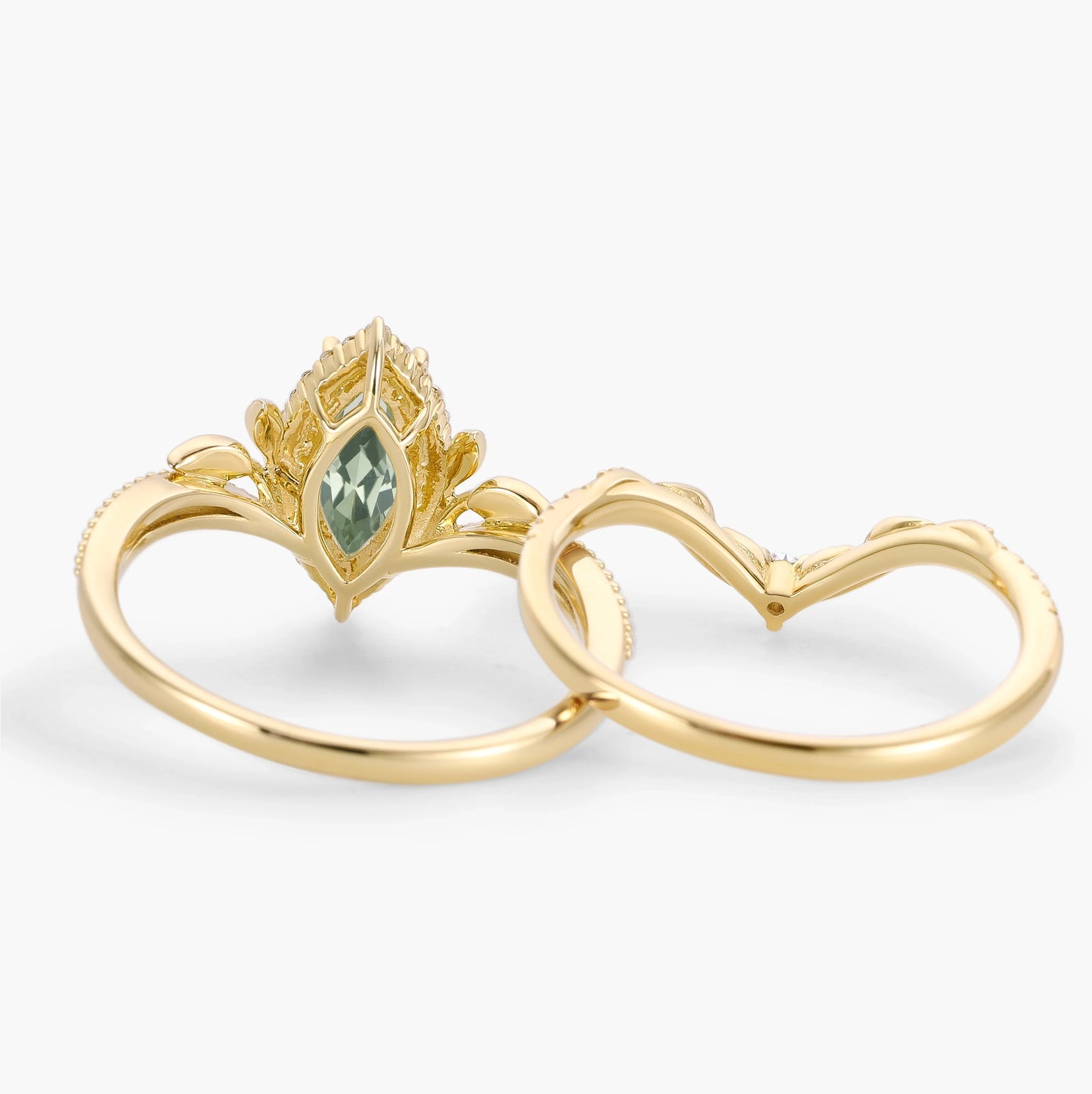 Nature-Inspired Marquise Green Sapphire Engagement Ring with Milgrain Halo & Wedding Band 2PCS