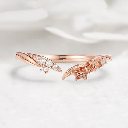 Nature Inspired V-Shaped Open Moissanite Ring with Floral Leaf Design Wedding Band - Sylvie