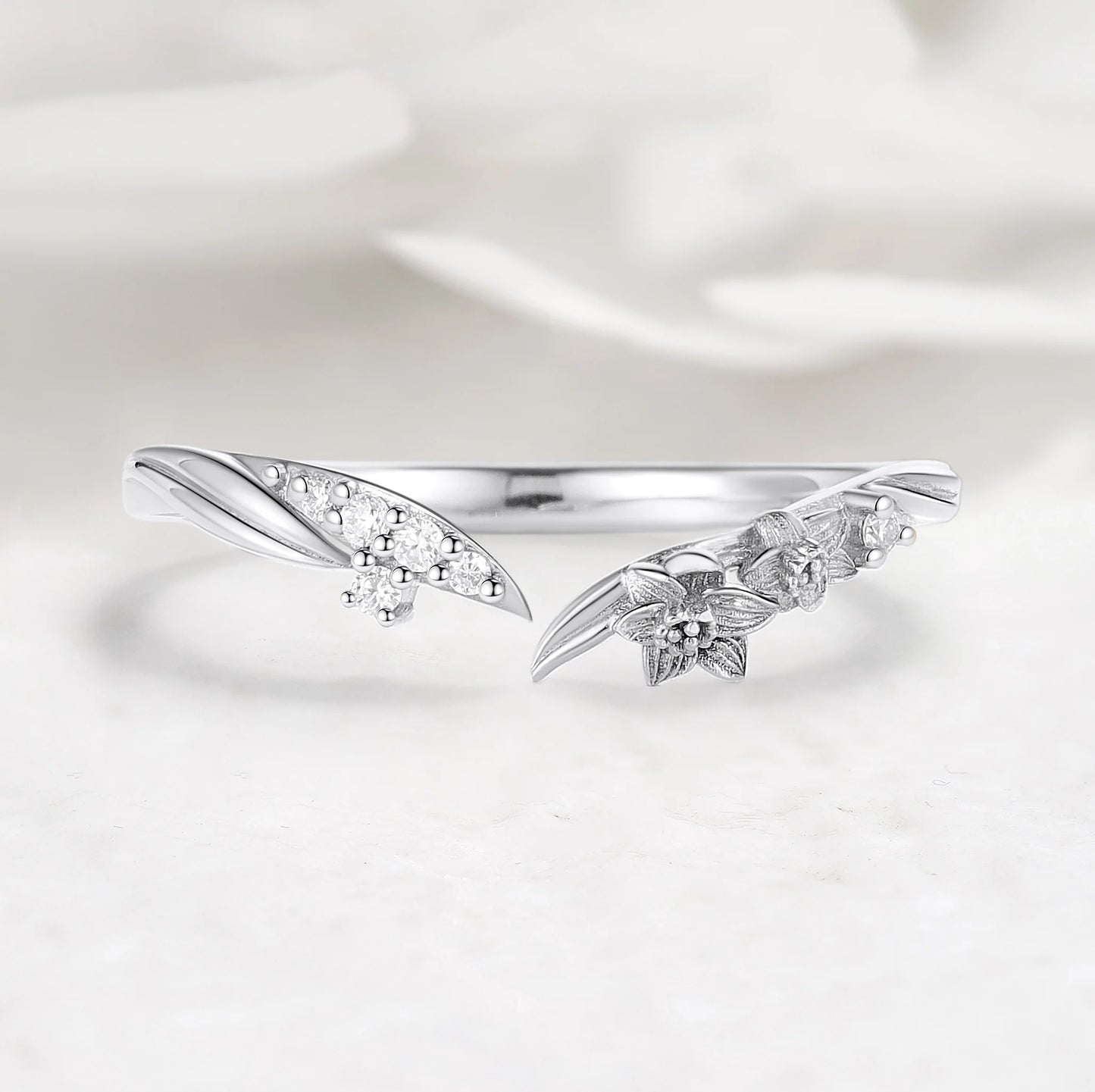 Nature Inspired V-Shaped Open Moissanite Ring with Floral Leaf Design Wedding Band - Sylvie