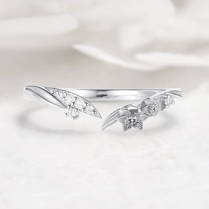 Nature Inspired V-Shaped Open Moissanite Ring with Floral Leaf Design Wedding Band - Sylvie