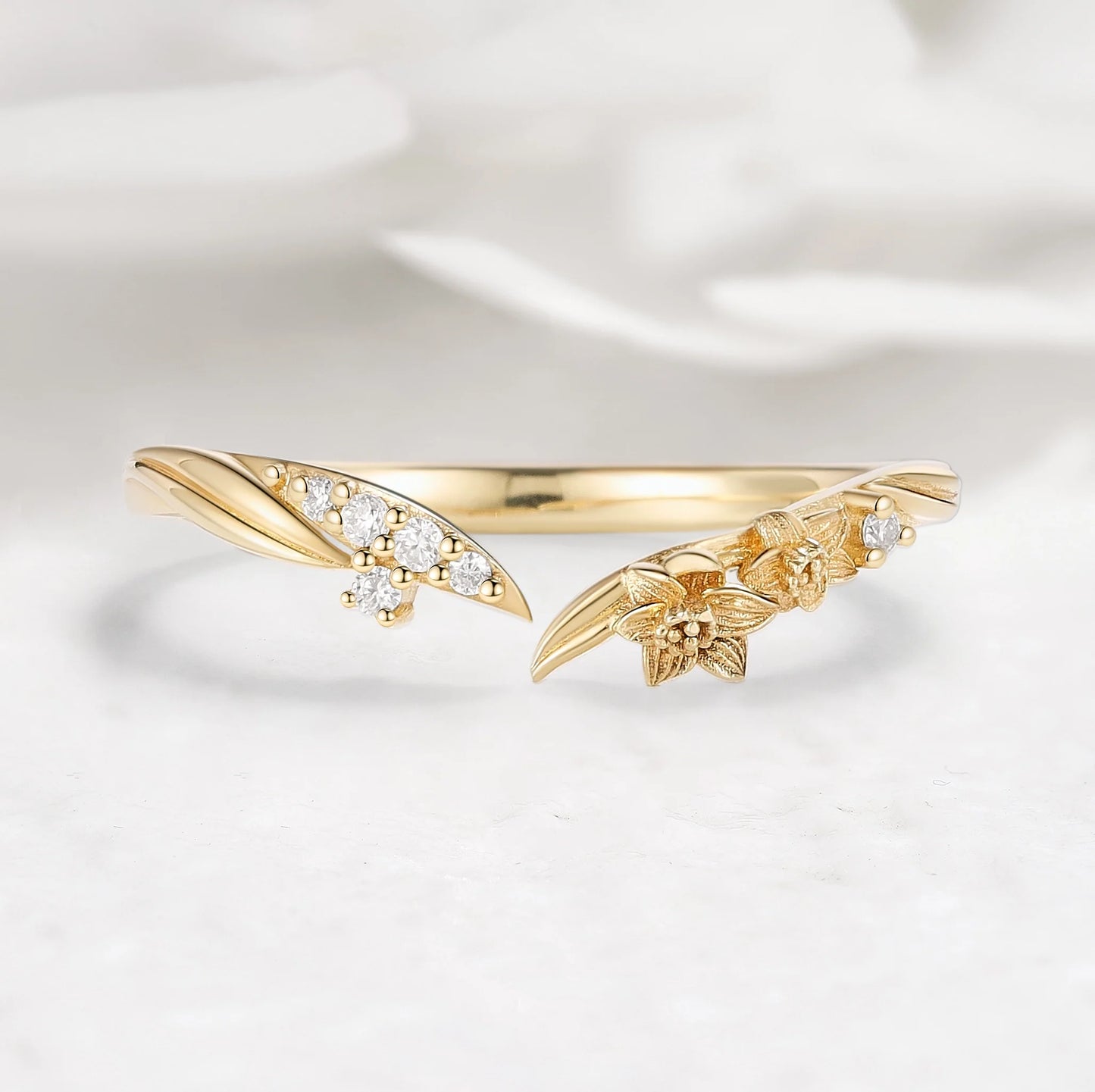 Nature Inspired V-Shaped Open Moissanite Ring with Floral Leaf Design Wedding Band - Sylvie