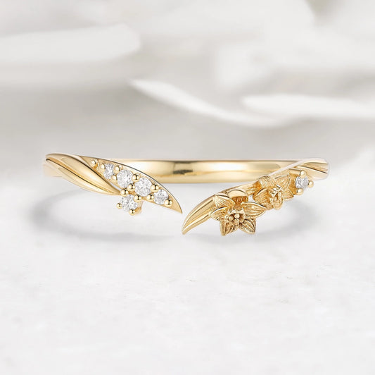 Nature Inspired V-Shaped Open Moissanite Ring with Floral Leaf Design Wedding Band - Sylvie