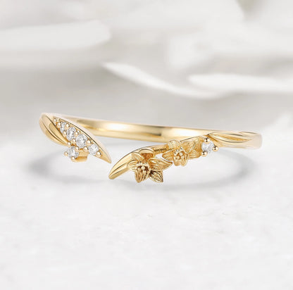 Nature Inspired V-Shaped Open Moissanite Ring with Floral Leaf Design Wedding Band - Sylvie