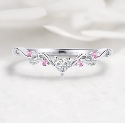 Nature Inspired Heart & Leaf Natural Pink Sapphire Moissanite Curved Wedding Band - Amelia