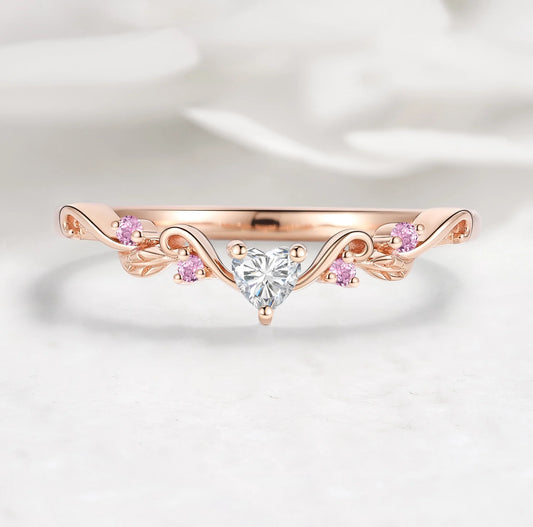 Nature Inspired Heart & Leaf Natural Pink Sapphire Moissanite Curved Wedding Band - Amelia