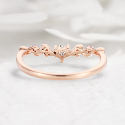 Nature Inspired Heart & Leaf Natural Pink Sapphire Moissanite Curved Wedding Band - Amelia