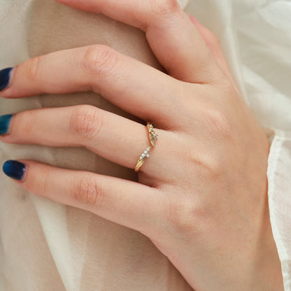 Nature Inspired V-Shaped Open Moissanite Ring with Floral Leaf Design Wedding Band - Sylvie
