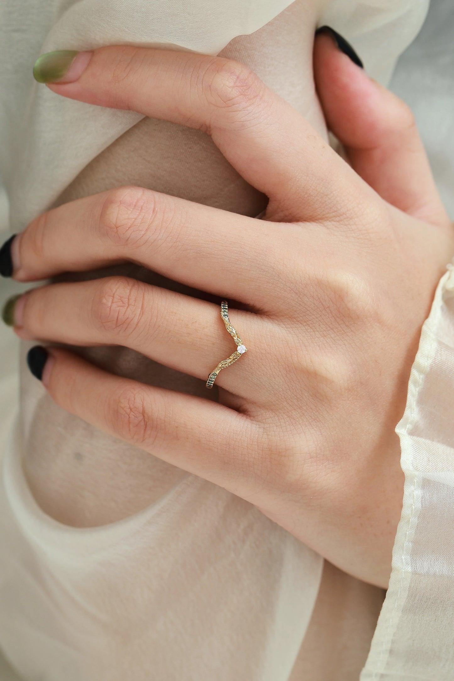 Vintage Nature Inspired Natural Green sapphire Moissanite Curved Wedding Band - Vivienne