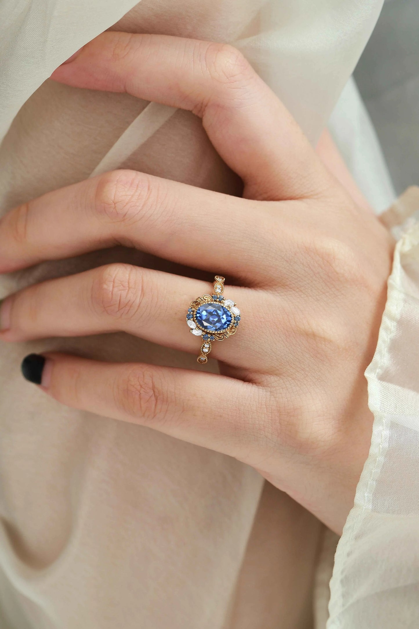 Vintage Bezel Oval Cut Royal Blue Sapphire Engagement Ring
