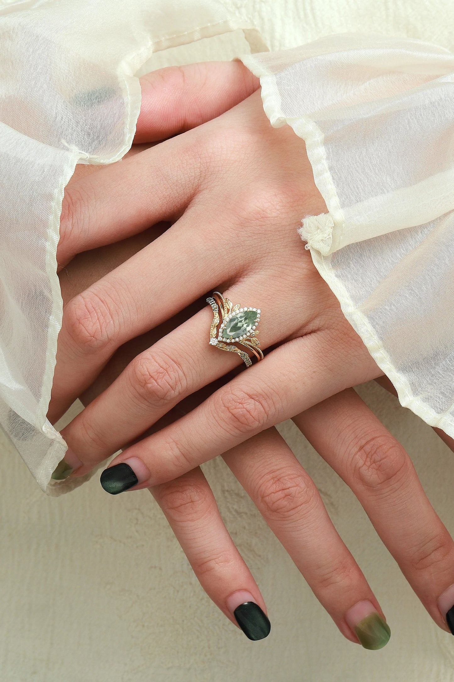 Nature-Inspired Marquise Green Sapphire Engagement Ring with Milgrain Halo & Wedding Band 2PCS