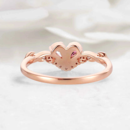 Blush Unity Heart Ring – Pear Cut Moissanite & Pink Sapphire Leaf Inspired Custom Love Ring
