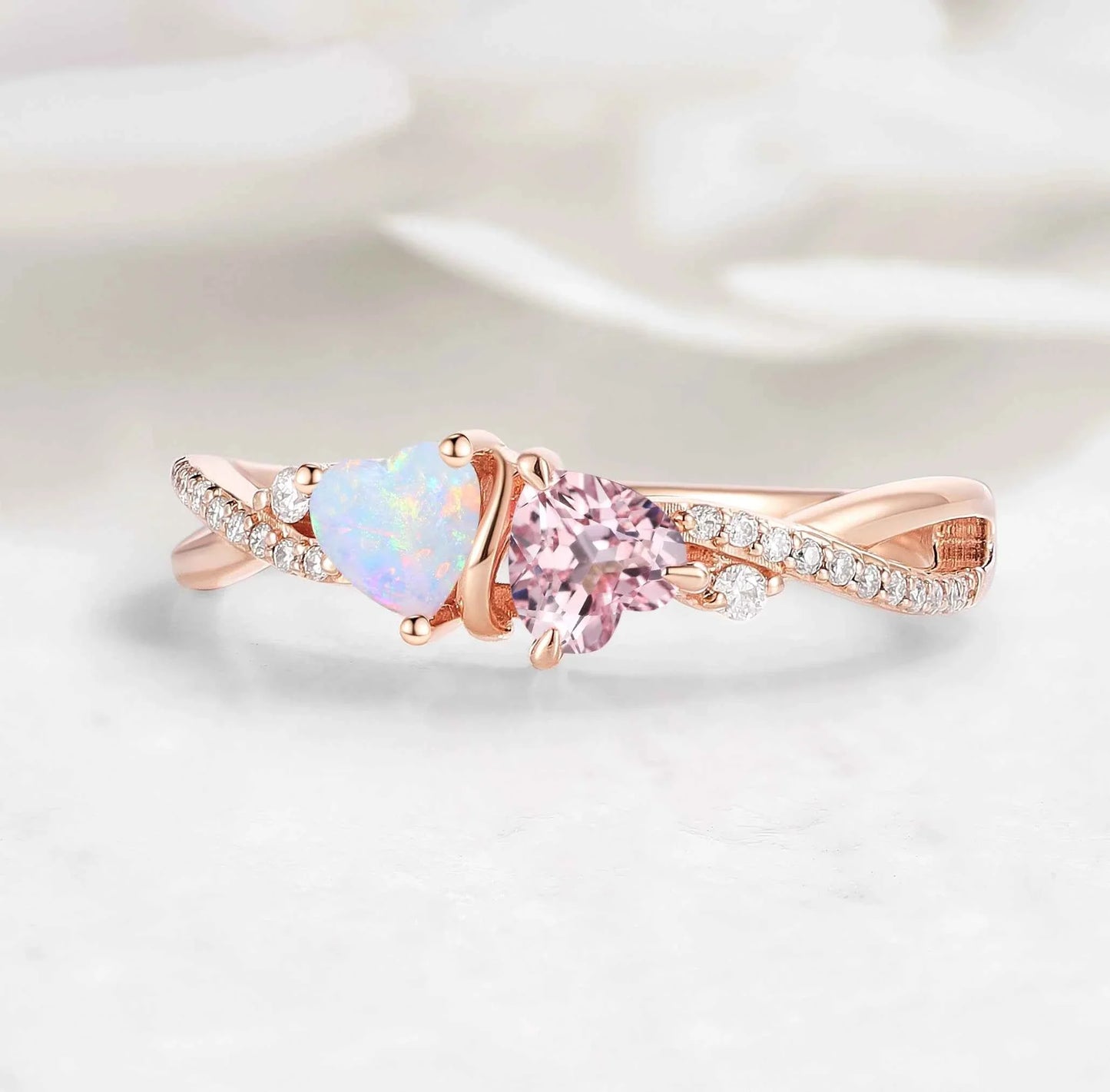 Intertwined Hearts Ring – Double Heart Stone Crossover Band Custom Love Ring