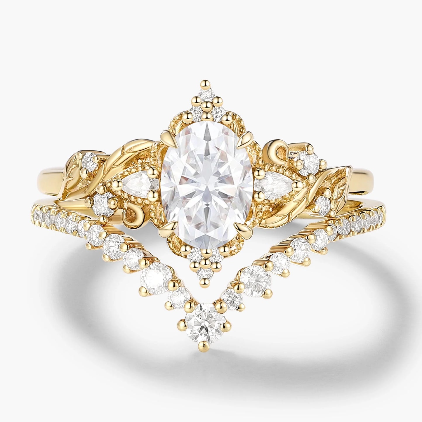 Oval Cut Moissanite Leaf Engagement Ring Set 2pcs