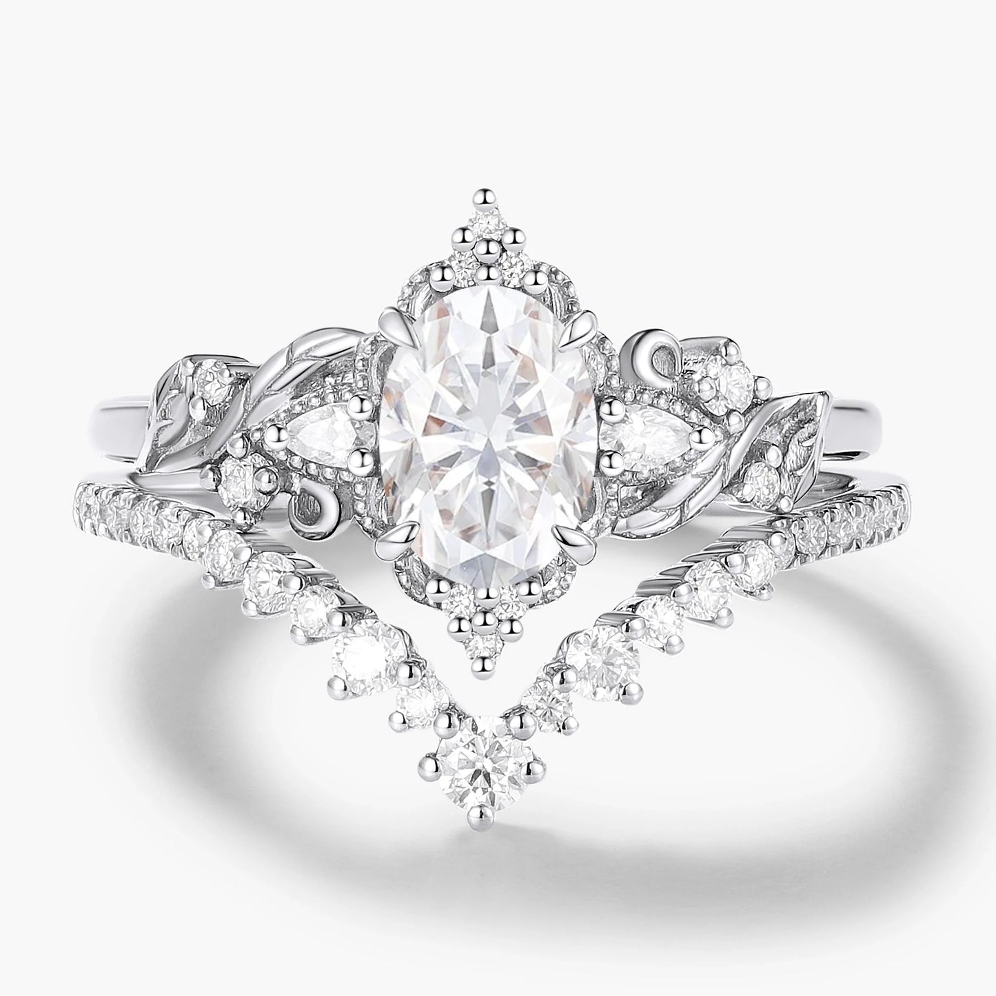 Oval Cut Moissanite Leaf Engagement Ring Set 2pcs