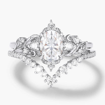 Oval Cut Moissanite Leaf Engagement Ring Set 2pcs