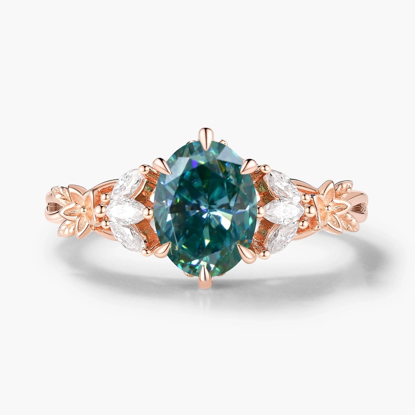 Oval Cut Green Moissanite Flower-Inspired Bud Design Engagement Ring