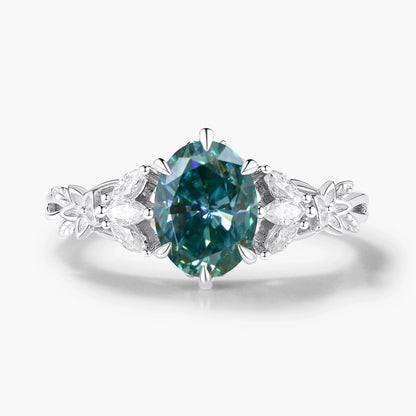 Oval Cut Green Moissanite Flower-Inspired Bud Design Engagement Ring
