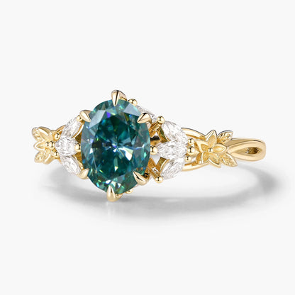 Oval Cut Green Moissanite Flower-Inspired Bud Design Engagement Ring
