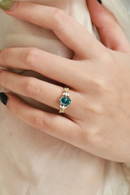 Oval Cut Green Moissanite Flower-Inspired Bud Design Engagement Ring