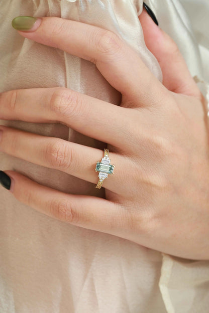 Emerald Cut green Sapphire Three-Stone Bezel Engagement Ring