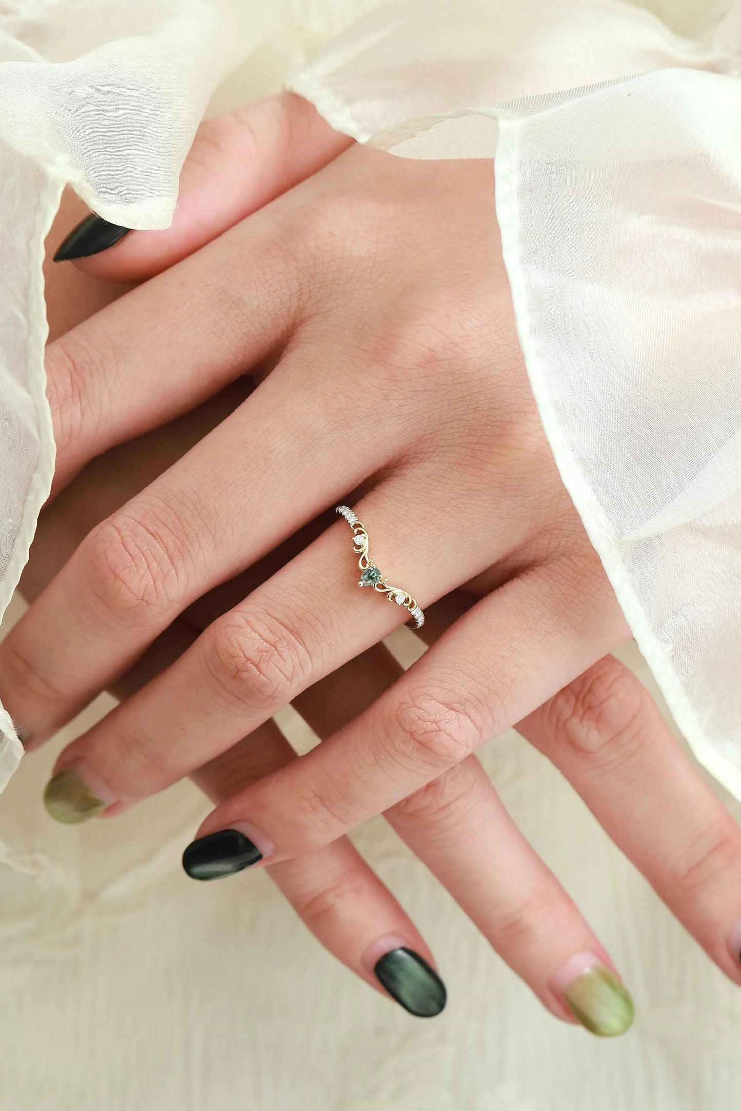 Pear Cut Natural Teal Sapphire & Moissanite Curved Wedding Band