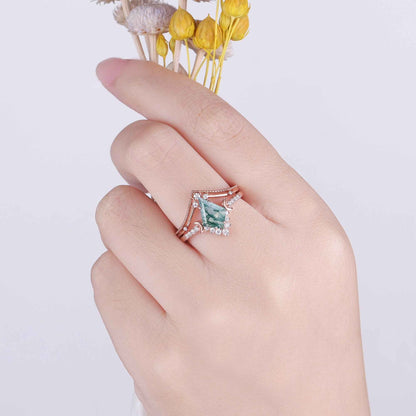 Unique kite Cut Moss Agate Moon Gemstone Ring Set 2pcs