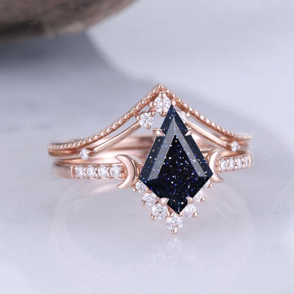 Unique kite Cut Blue Sandstone Moon Gemstone Ring