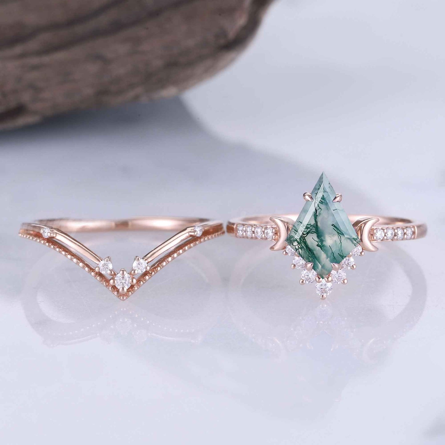 Unique kite Cut Moss Agate Moon Gemstone Ring Set 2pcs