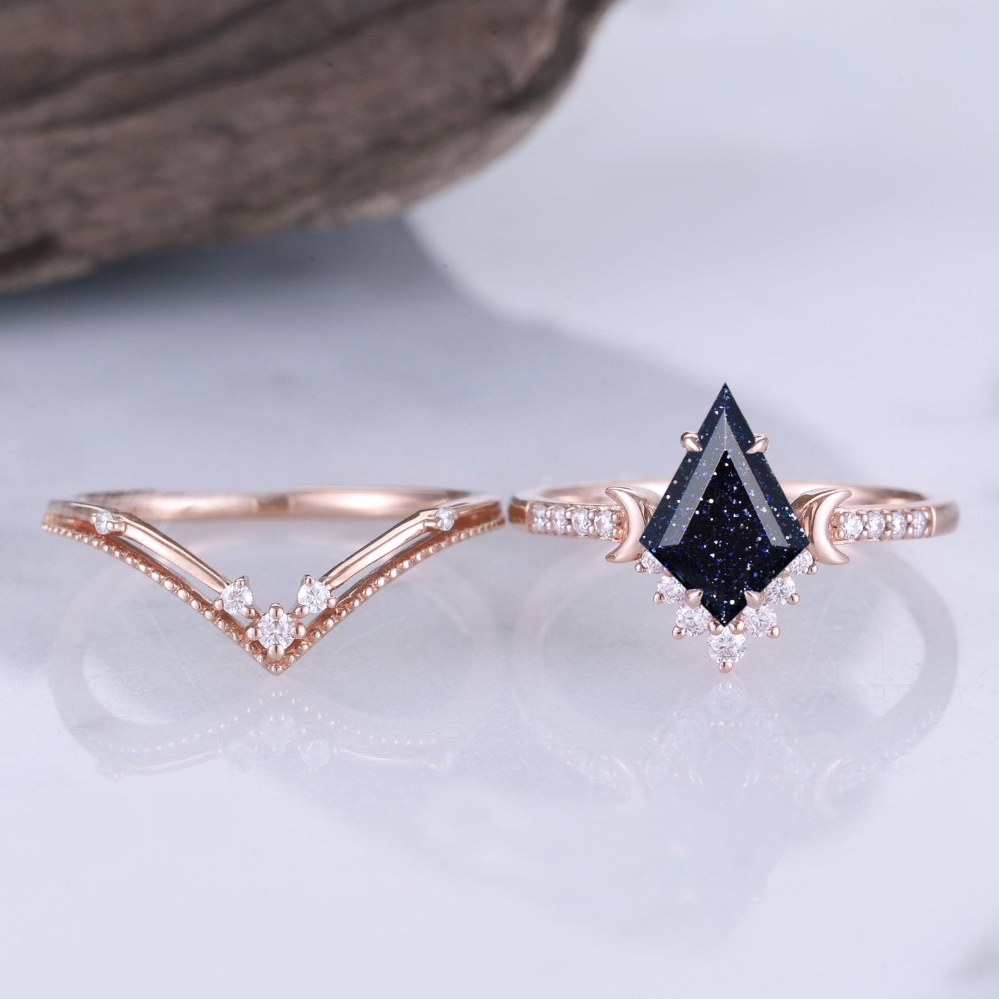 Unique kite Cut Blue Sandstone Moon Gemstone Ring