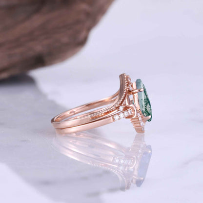 Unique kite Cut Moss Agate Moon Gemstone Ring Set 2pcs