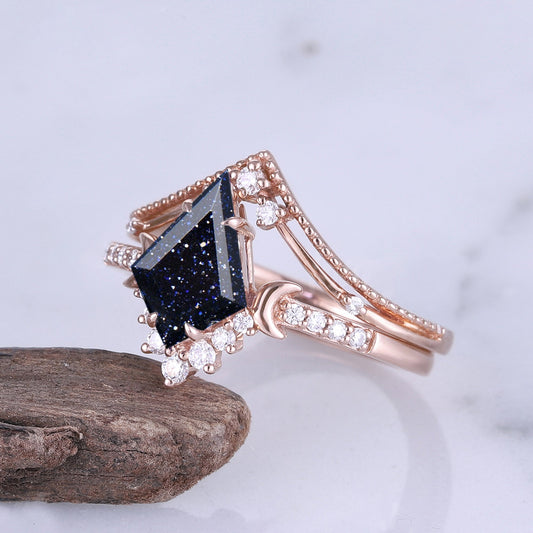 Unique kite Cut Blue Sandstone Moon Gemstone Ring