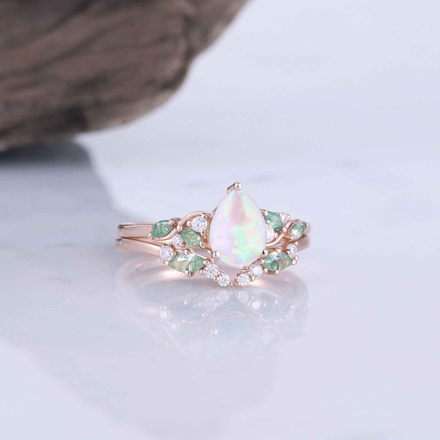 Natural Pear Shaped Opal Vine Ring Set 2pcs