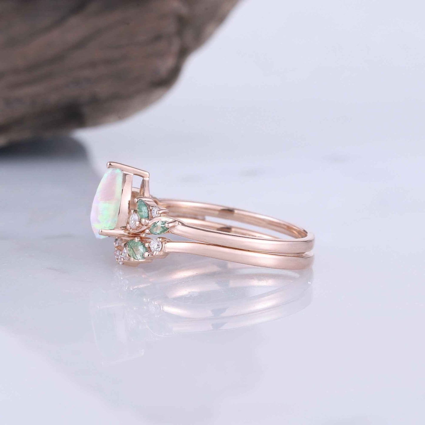 Natural Pear Shaped Opal Vine Ring Set 2pcs