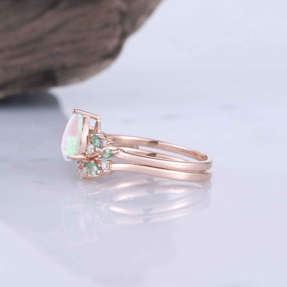 Natural Pear Shaped Opal Vine Ring Set 2pcs