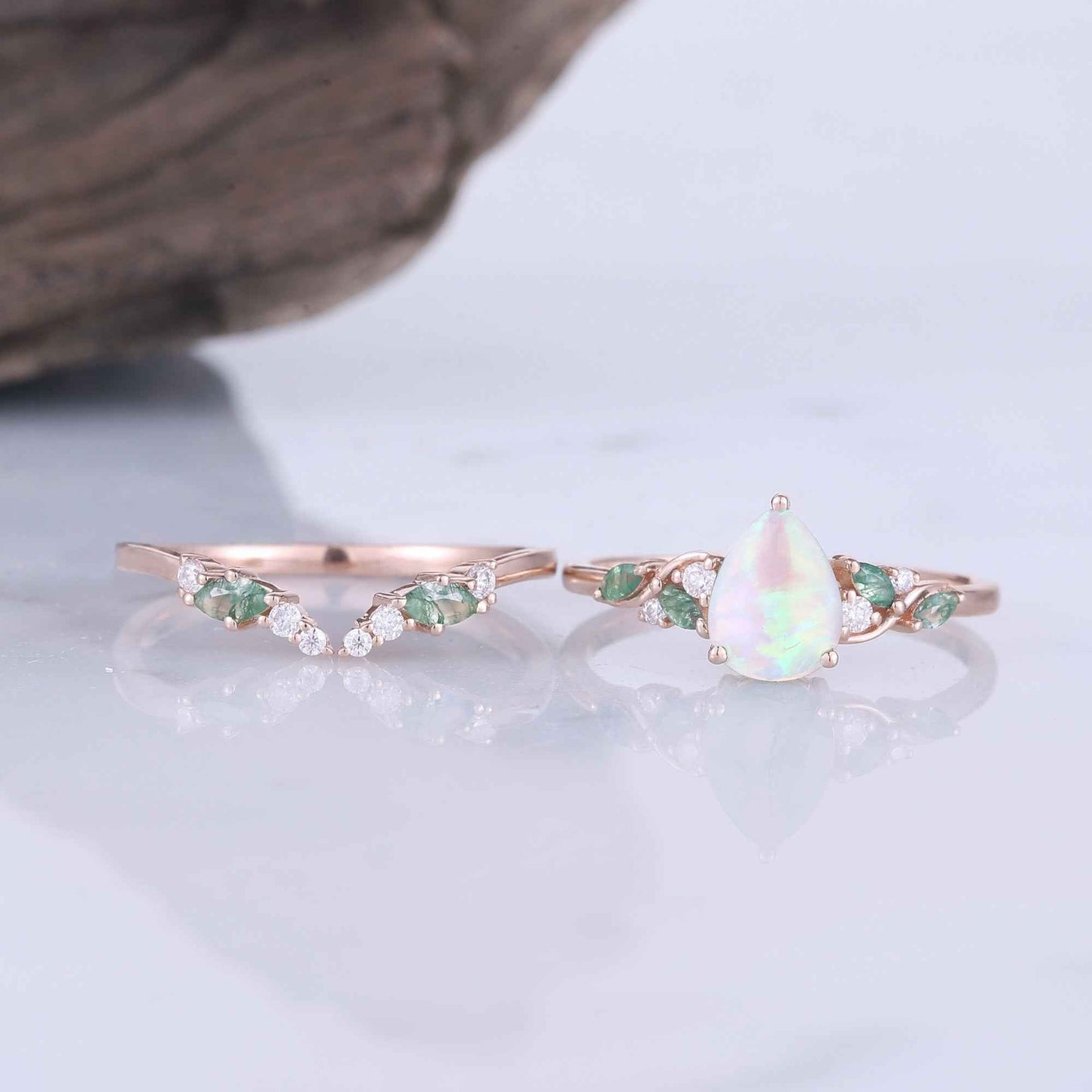 Natural Pear Shaped Opal Vine Ring Set 2pcs