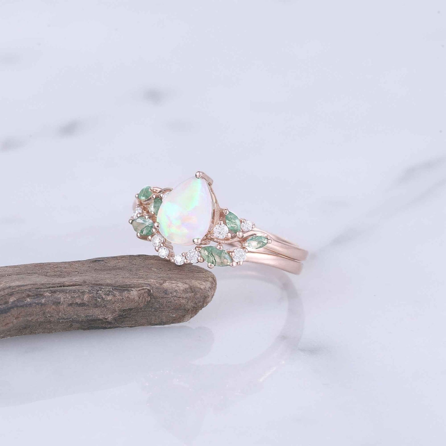 Natural Pear Shaped Opal Vine Ring Set 2pcs